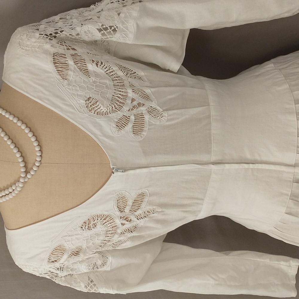 Vintage Nancy Johnson White Dress Circle Skirt Wide Waist Lace Detail Pockets - Picture 6 of 13